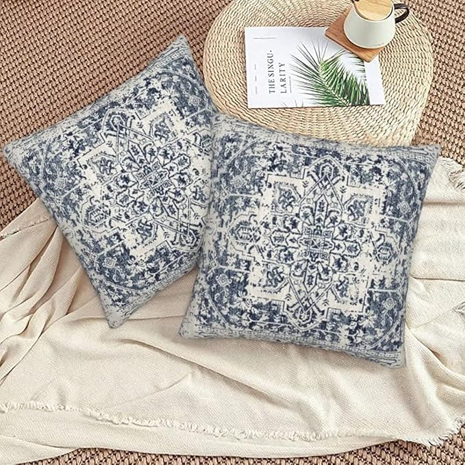Boho Pillow Covers 16x16 Set of 2, White Navy Blue Carpet Pattern Outdoor Decorative Throw Pillows Ethnic Rustic Farmhouse Linen Cushion Cases for Couch Sofa Decor