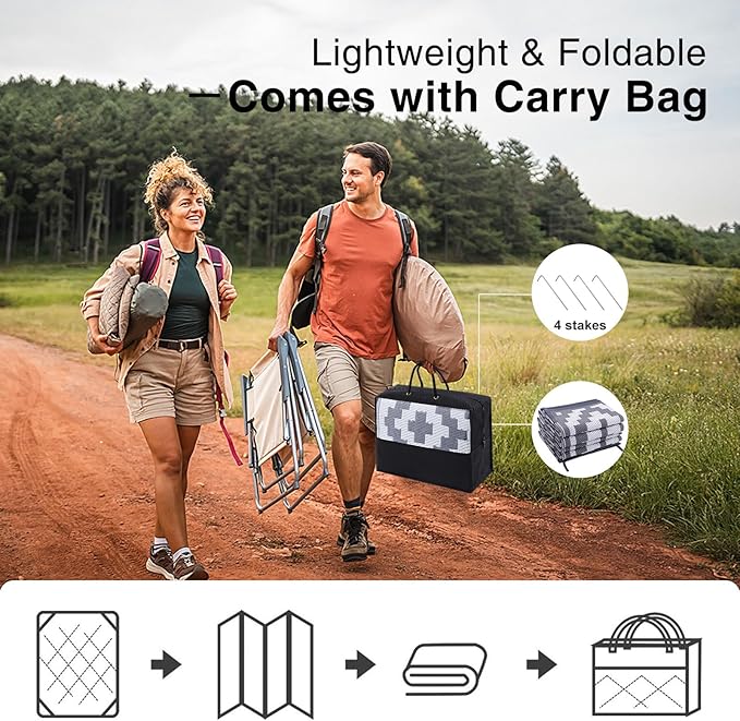 OLANLY Waterproof Outdoor Rug 6x9 ft, Outdoor Plastic Straw Rug for Camping, RV Mat Outside, Outdoor Carpet for Porch, Deck, Backyard, Balcony, Picnic, Grey & White