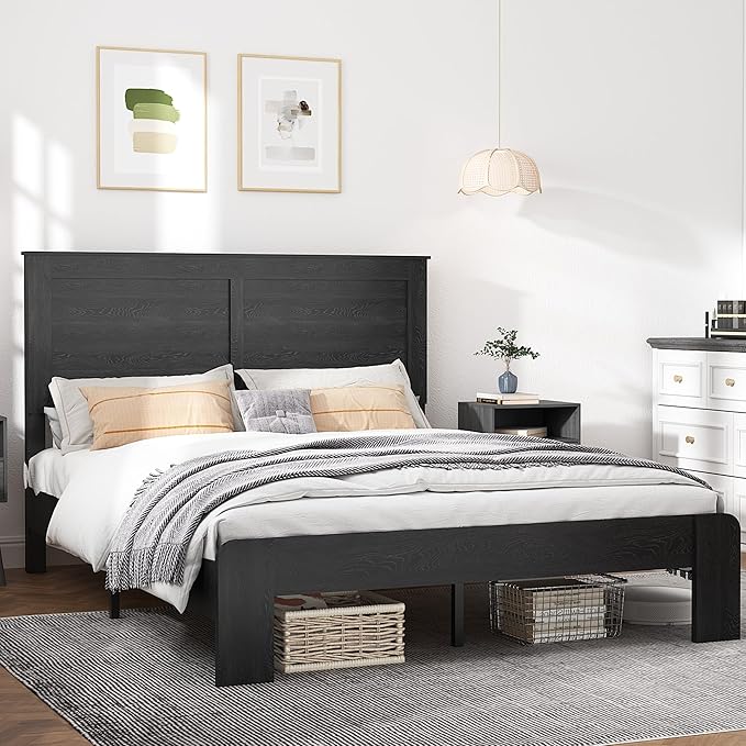 Queen Size Bed Frame, Vintage Platform Bed Frame with Wood Headboard and Footboard, 12 Wood Slats Support, No Box Spring Needed (Black)