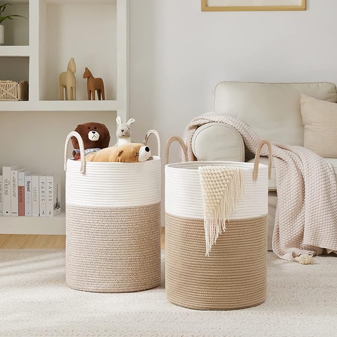 Woven Rope Laundry Hamper Basket, 72L Tall Luandry Basket, Baby Nursery Hamper for Blanket Storage in Bedroom-Large-Brown