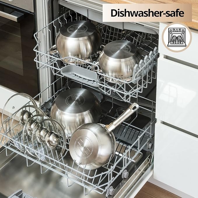 Daniks Classic Frying Pan Included, 12-Piece Stainless Steel Induction Cookware Set – Dishwasher Safe Pots and Saucepan with Lids, Measuring Scale, Silver