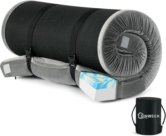Sinweek Memory Foam Camping Mattress CertiPUR-US Waterproof Portable Roll Up Mattress for Adults Cot Mattress Car Van Sleeping Mat Pad with Carrying Bag