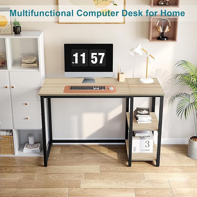 SINPAID 40'' Oak Computer Desk with Shelves, Sturdy Light Wood Desks with Storage Space, Modern Gaming Desk Study Writing Laptop Table, Beige