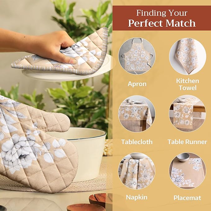 Maison d' Hermine 100% Cotton Oven Mitt & Pot Holder Set (7.5"x13" & 8"x8") Heat Resistant BBQ Cooking Gloves with Loop for Thanksgiving Christmas Decorations Handling Hot Pans (Pretty Autumn)