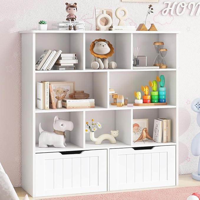 Toy Storage Organizer with Bookshelf, Large Toy Organizers and 2 Movable Drawers with Hidden Wheels and 8 Storage Cubbies, Kids Bookshelf and Toy Storage Chest, Playroom Furniture, White