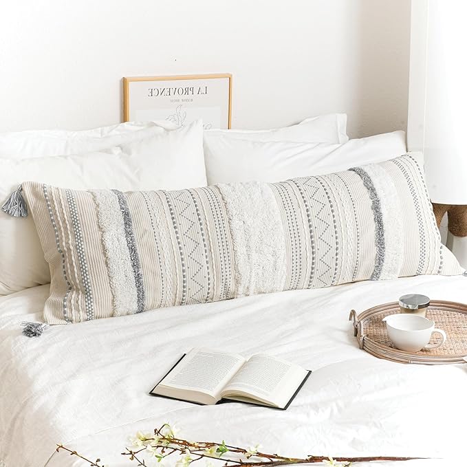 Large Body Pillow Cover for Bed 20x54 Gray Boho Accent Oversized Long Pillowcase for Bedroom Neutral White Decorative Cushion Farmhouse Home Décor (Cover ONLY, Pack of 1)