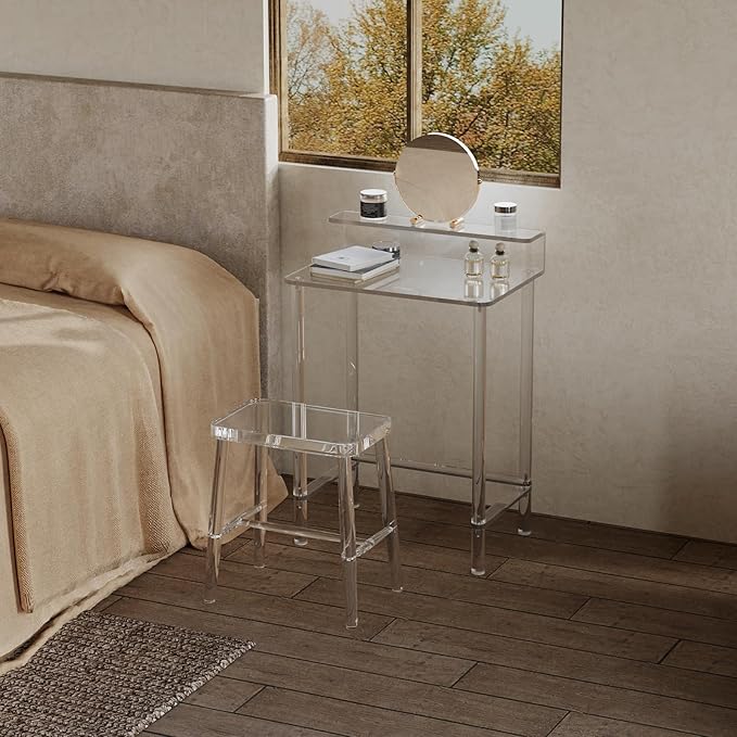 Eglaf Acrylic Small Vanity Desk - 23.6'' L x 15.8'' W x 33.9'' H - Modern Makeup Vanity Table with Desktop Stand - Acrylic Makeup Table Dressing Table for Small Spaces, Bedroom, Cloakroom (Clear)