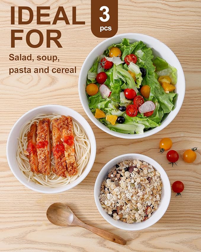 Hasense Ceramic Ribbed Nesting White Bowls 1.5/1/0.5 Qt For Kitchen, Cooking, Baking and Serving Salad Bowls for Pasta, Small Mixing Bowls of 3, Modern Space Saving Dishes for Kitchen