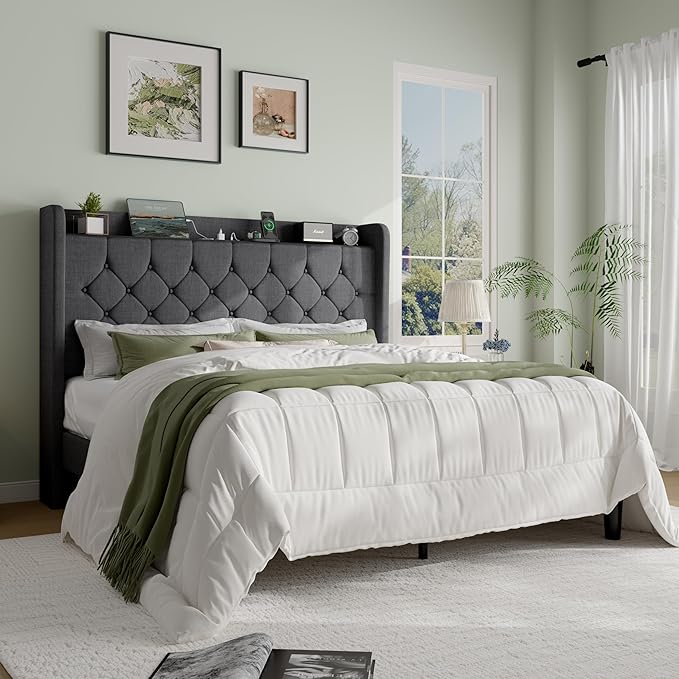 SHA CERLIN Full Size Platform Bed Frame with Charging Station, Velvet Wingback Headboard with Storage shelf, Wooden Slats Support, Ample Under-Bed Space, No Box Spring Needed, Easy Assembly, Dark Grey