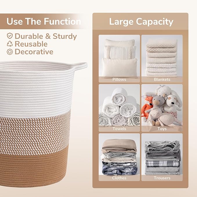 INDRESSME Large Rope Basket - Tall Laundry Basket Hamper for Dirty Clothes Woven Jute Storage Baskets for Blanket in Living Room Toy Baskets for Nursery Storage, 17¾ x 15¾ x 13¾ inches