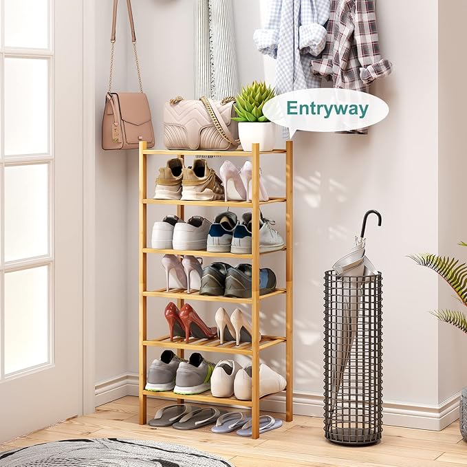 Small Shoe Rack, 6-Tier Shoe Shelf for Entryway, Bamboo Wood Shoe Rack for Closet & Hallway, Long 17.2IN | Beautiful | Functional | Sturdy | Durable