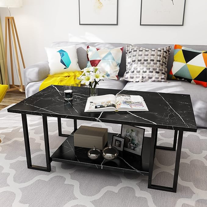 AWQM Marble Coffee Table, Faux Marble Top Rectangular Coffee Table with Black Metal Frame, 2 Tier Living Room Table for Living Room, Office, Balcony, Black, 40 Inch (GJ09)