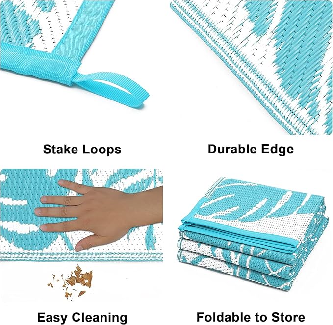 Ileading Outdoor Rug Carpet for Patio 5' x7' Waterproof Reversible Plastic Straw Rug Portable Outside Area Rug Camping Mat for Patio, Clearance, Balcony, Picnic, Pool, Beach, RV, Deck, Leaf Teal