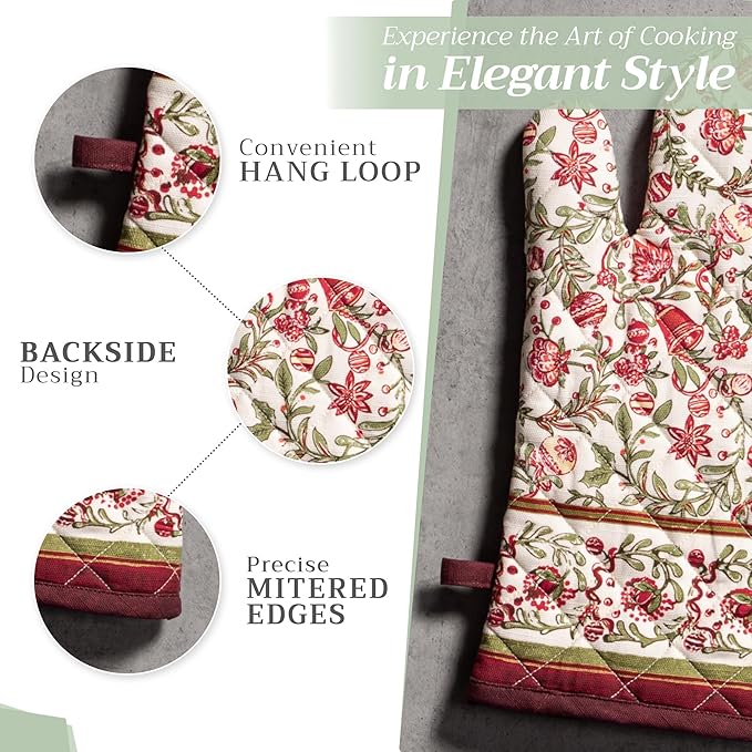 Maison d' Hermine Oven Gloves 100% Cotton Oven Mitt 7" x 13" with Loop Heat Resistant Cooking Gloves for Thanksgiving Christmas Decorations Baking Handling Hot Pans (Pack of 1, Reveillon Au Jardin)