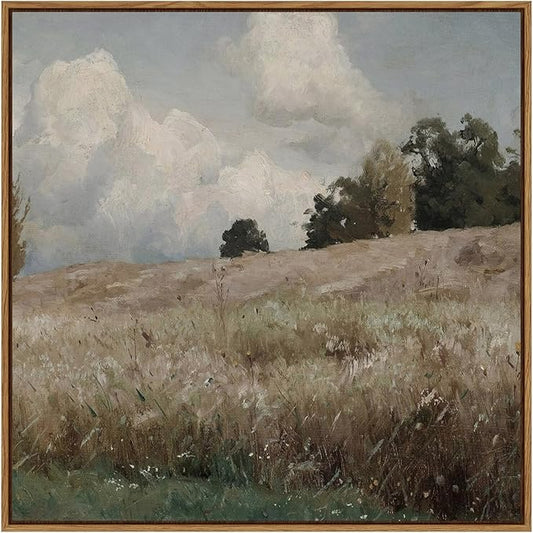 InSimSea Square Framed Canvas Wall Art, Vintage Prints Farmhouse Scenery Vast Field Grassland Wall Art Decor, Classical Nature Paintings Home Decor for Living Room Bedroom Office 16"x16"