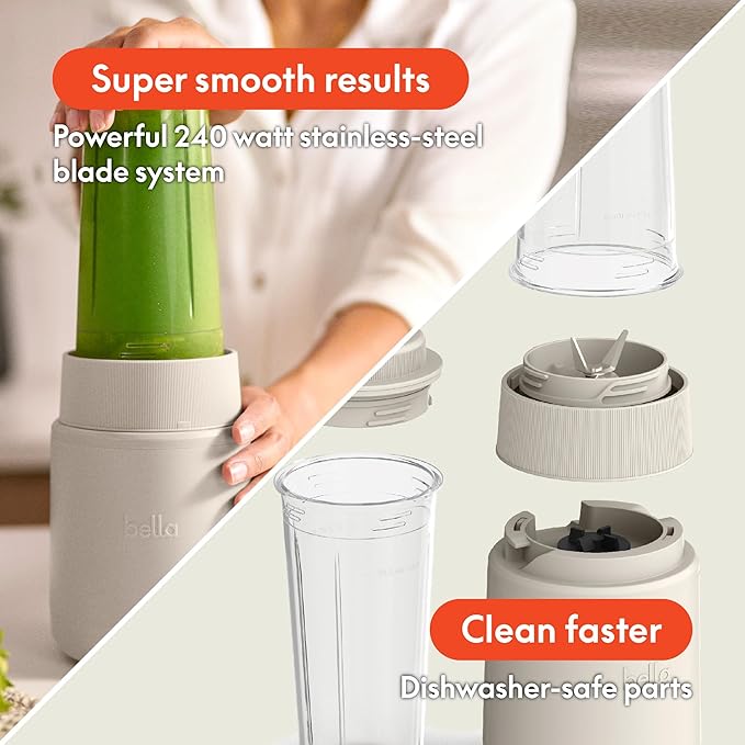 bella 6 Pcs Portable Rocket Blender, Juicer & Smoothie Maker, Press & Twist Design, EverGood™ & BPA Free Dishwasher Safe Parts, 4 Tip Stainless Steel Blade, Cord Wrap, 240 Watt Motor, Oatmilk