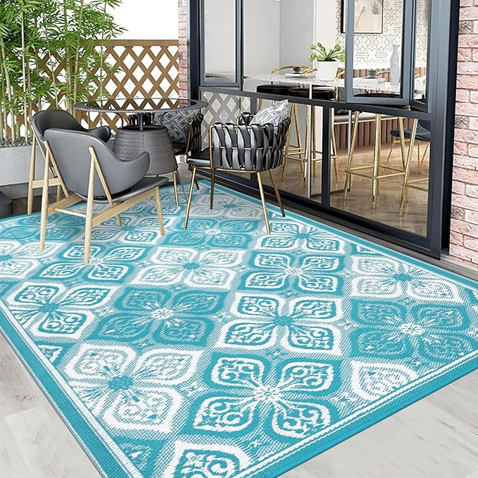 Pauwer Waterproof Outdoor Rug 6x9, Reversible Plastic Straw Patio Camping Rug, Indoor Outdoor RV Mat Carpet for Deck, Camper, Porch, Balcony, Backyard, Picnic, Clover Teal