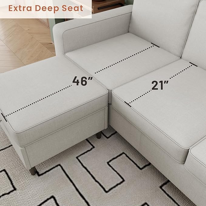 Sectional Sofa Couches for Living Room - 78'' Beige 3 Seat L-Shaped Couch with Type-C Charging Port & Storage Ottoman, Modern Linen Convertible Sectionals Sofas with Chaise for Apartment