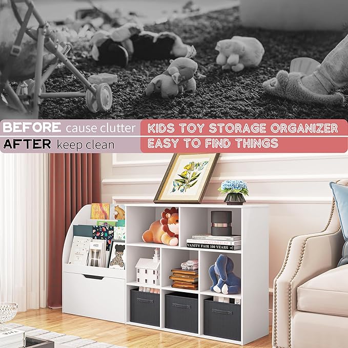 Kids Bookshelf and Toy Storage, Toy Storage Organizers with Movable Drawers & 3 Storage Bins, Kids Reading Nook Toy Organizers Shelf with 5 Cubbies, White