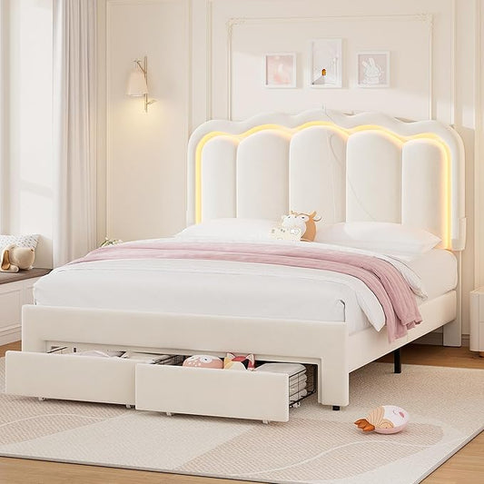 Full Upholstered LED Bed Frame with 2 Storage Drawers and Adjustable Chic Double Wavy Headboard, Velvet Princess Platform Bed with Charing Station, Solid Wood Slats Support,No Box Spring Needed,Beige
