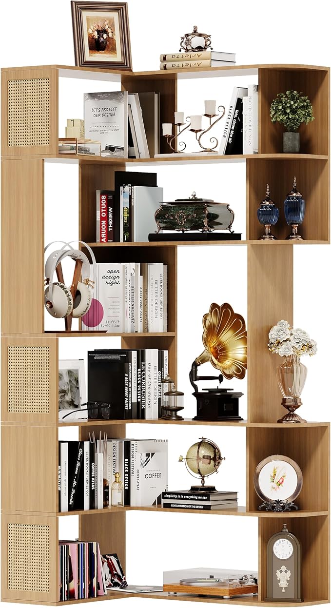 Corner Bookshelf 7-Tier,Farmhouse Corner Shelf,Tall Book Shelf L-Shaped Shelf Display Rack for Bedroom,Large Etagere Bookcase for Home Office Shelves(M-Walnut Wood)