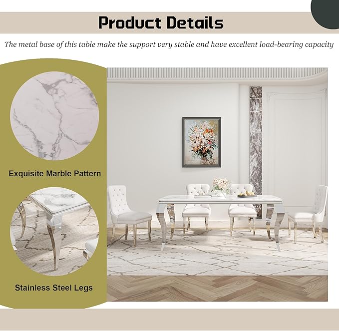 7-Piece Dining Table Set for 6, Faux Marble Dining Table Set with 70'' Marble Dinner Table and 6 Velvet Wing Back Chairs for Kitchen, Dining Room, White & Silver