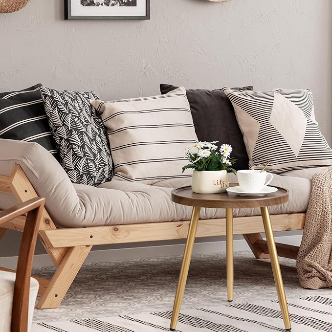 danpinera Round Side Table, Metal Legged Accent Table with Wooden Tray, Small Round End Table for Living Room, Bedroom, Nursery, Brown & Gold