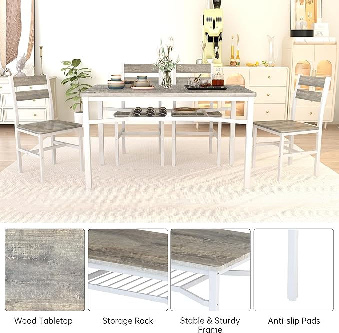 Hooseng Dining Table Set for 4, Wood Kitchen Table Chairs Set with Storage, Farmhouse 5 Piece Dining Room Table Set, Space-Saving Dinette Set for Breakfast Nook, Apartment