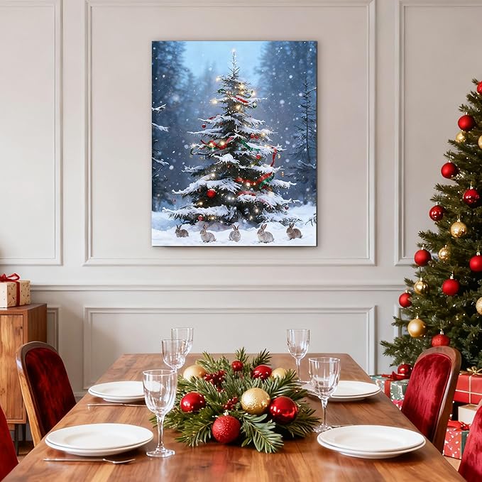 Framed Christmas Pictures Wall Decor,Vintage Pine Tree Prints,Winter Christmas Canvas Wall Art Decoration for Bedroom Bathroom Living Room Rustic Xmas Holiday Gifts (Christmas Tree 17, 12'' X 16'')