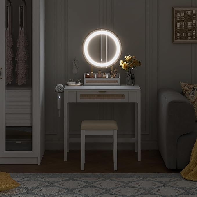 Spirich Makeup Vanity Desk with Mirror and Lights, Rattan White Vanity with Drawers, 3 Lighting Modes Small Vanity Dressing Table for Bedroom