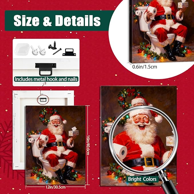 Funny Santa Claus Christmas Canvas Wall Art - Humorous Bathroom & Office Framed Print Ready to Hang, Unique Christmas Gifts for Family, Festive Winter Decor & Amusing Christmas Decorations