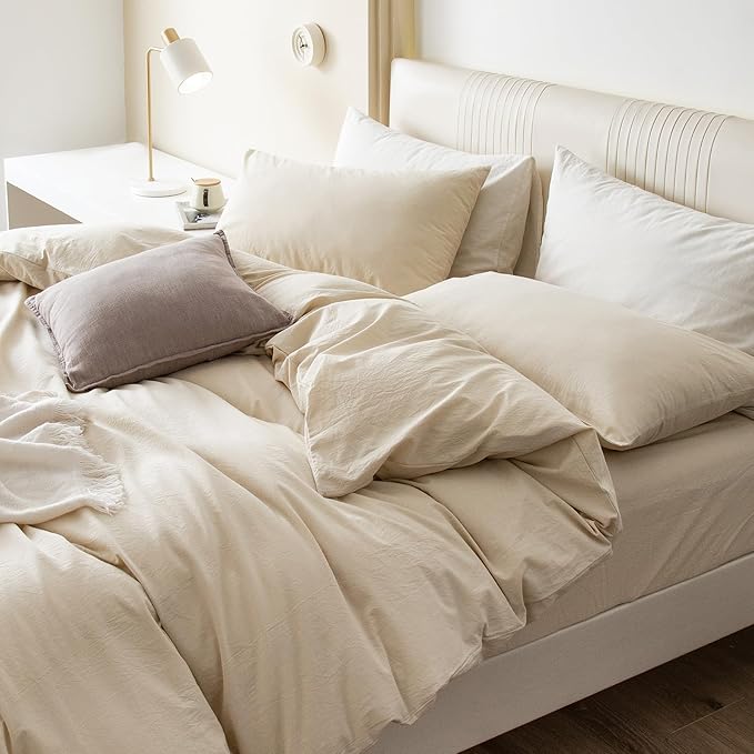 JIYUAN 100% Washed Cotton Duvet Cover Set 3 Pieces Super Queen, 1 Duvet Cover 90x98 Inches(Comforter Not Included) and 2 Pillowcases,Linen Feel Bedding Set Comfy and Breathable,Heathered Beige