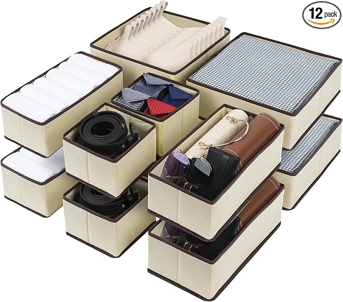 Cupic Cupid Drawer Organizer, Dresser Organizers, Foldabe Drawer Organizer Clothes, Closet Organization and Storage Dividers for Socks, Underwear and Diaper, Set of 12, Beige