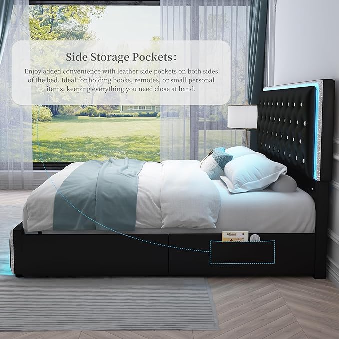 Full Led Bed Frame with 2 Drawers, Upholstered Platform Storage Bed Frames Full Size with Crystal Button Tufted Headboard Footboard, Solid Slats, No Box Spring Needed, Easy Assembly, PU Black