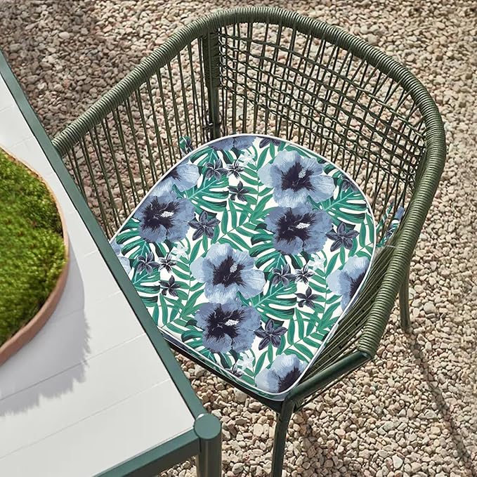 Set of 2 Outdoor Chair Cushions 19"x19"x2",Water Repellent Dining Seat Cushion with Ties and Removable Covers, Chair Cushions for Indoor and Patio Furniture, Blue Salmone Tropical