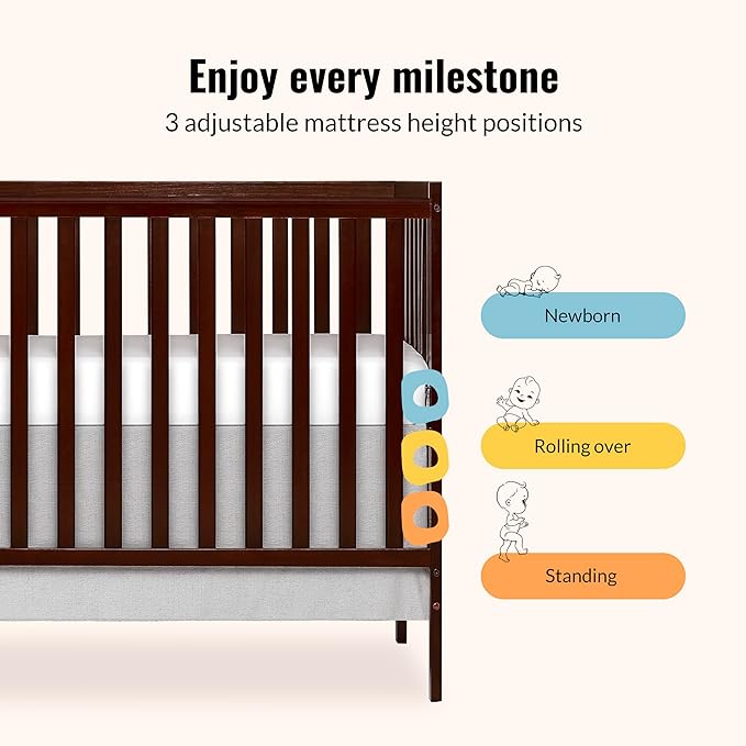 Dream On Me Synergy 5-in-1 Convertible Full-Size Baby Crib with Toddler, Day & Full Bed Conversion in Espresso, GreenGuard Gold & JPMA, 3 Mattress Heights, Sustainable Pinewood
