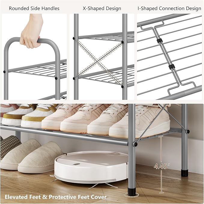 Hoctieon 2 Tier Shoe Rack for Closet, Durable Mesh Style Shoe Rack, Entryway Shoe Shelf, Shoe Storage Organizer for Hallway, Bedroom, Living Room, Wardrobe, Grey