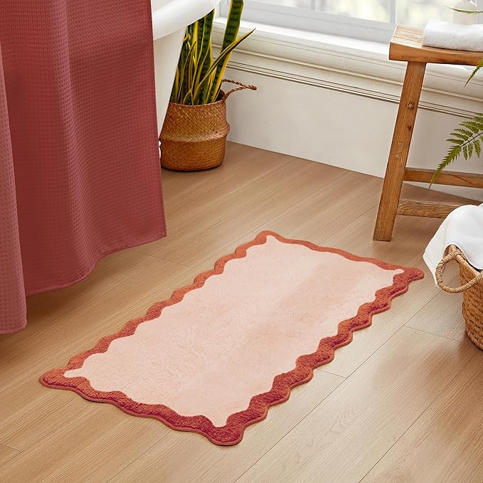 MONDAY MOOSE Bath Mat with Scalloped Wavy Ripple Design, Microfiber Absorbent Non Slip Tufted Rug for Floor, Shower or Kitchen (24x47 inch, Blush)