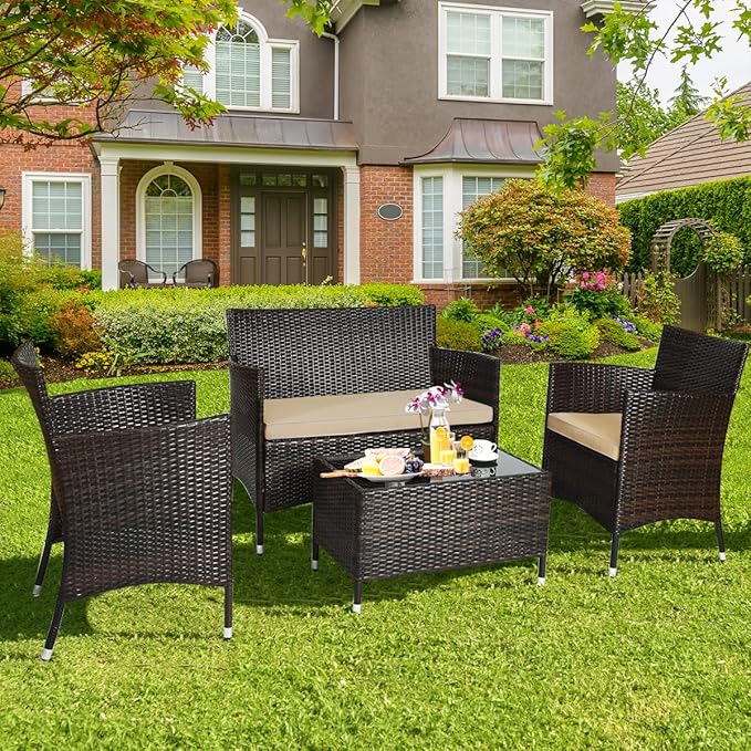 Goplus 4-Piece Rattan Patio Set, Outdoor/Indoor Wicker Conversation Set for Pool, Backyard, Lawn, Wicker Chairs and Sofa with Soft Cushion, Rattan Furniture with Tempered Glass Coffee Table
