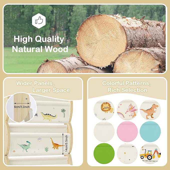 Wooden Wall Mounted Bookshelf for Kids Rooms, 4 Tier Floating Nursery Book Shelf, Kids Bookshelf with 2 Pockets, Toddler Sling Book Rack with Deep Sleeves (Dinosaur)