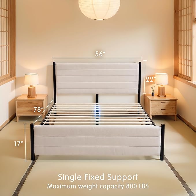 Hokway Bed Frame Upholstered Platform Bed with Headboard Wooden Slat Support No Box Spring Needed(Full, Beige)