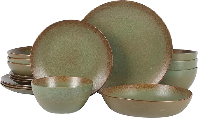 Bloomhouse - Oprah's Favorite Things - Palermo Sun Double Bowl Stoneware Reactive Glaze Plates and Bowls Dinnerware Set - Cardamom Green, Service for Four (16pcs)