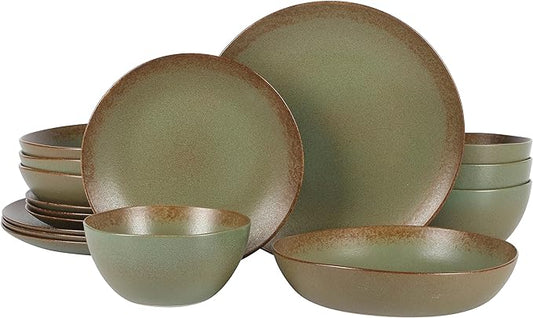 Bloomhouse - Oprah's Favorite Things - Palermo Sun Double Bowl Stoneware Reactive Glaze Plates and Bowls Dinnerware Set - Cardamom Green, Service for Four (16pcs)
