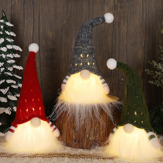 Juegoal Christmas Plush Gnomes, 9 Inch Lighted Handmade Mini gnome Scandinavian, Light Up Swedish Tomte Elf Holiday Present, Battery Operated Xmas Gifts Table Ornaments Dinner Party Supplies, Set of 3