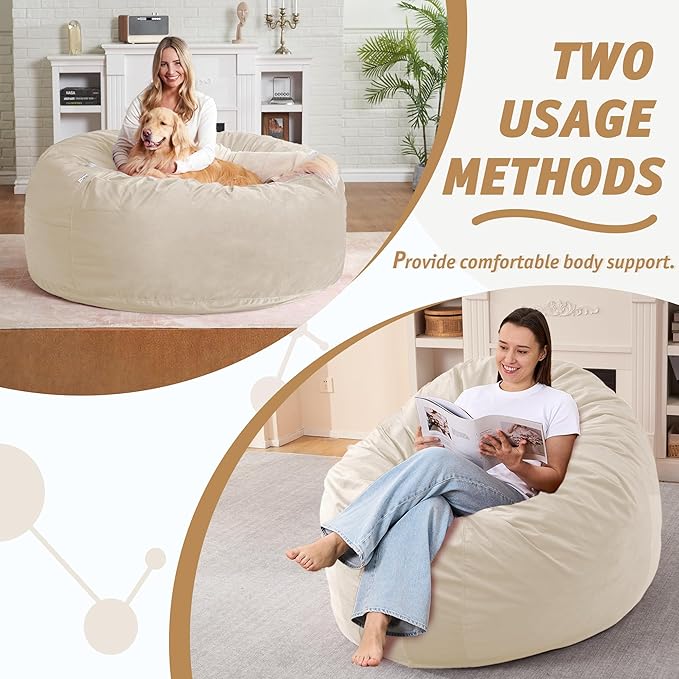 4FT Bean Bag Chair with Ultra Soft Velvet Cover Bean Bag Sofa with Memory Foam Bean Bag Chairs with Large Size Lazy Sofa for Dorm Office Living Room Bedroom Beige 4'