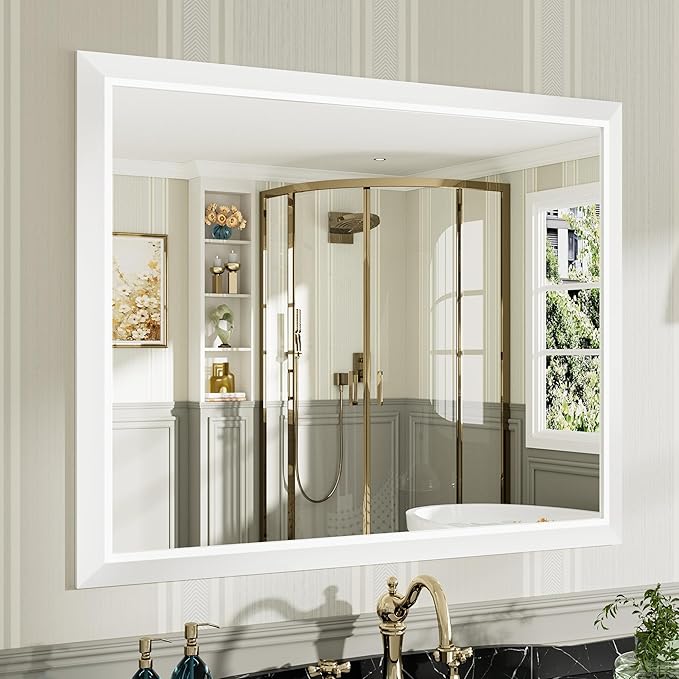 40x32 Inch White Bathroom Mirror for Wall, Thick Metal Framed Rectangle Mirrors for Over Sink, Bedroom, Living Room, Entryway, Anti-Rust, HD Tempered Glass
