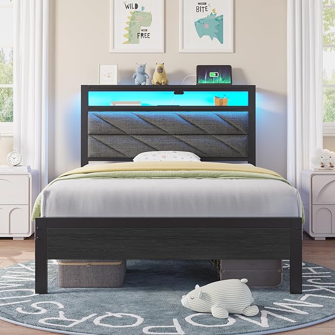 Seventable Bed Frame Twin Size with Charging Station, LED Bed with Upholstered Storage Headboard, Metal Platform Bed with Under Bed Storage, No Box Spring Needed, Noise Free, Easy Assembly, Grey