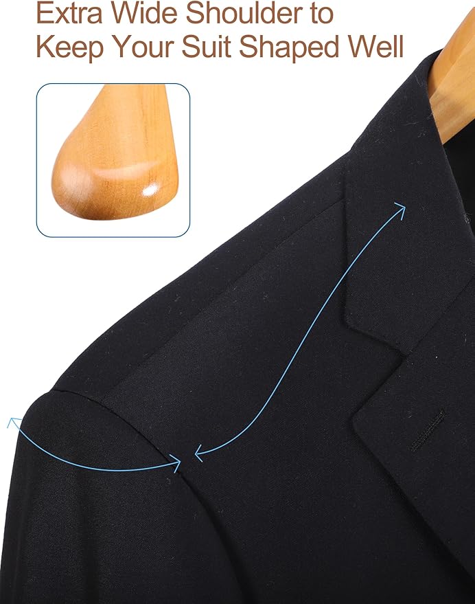 HOUSE DAY Wood Suit Hangers for Men, Smooth Wide Shoulder Wooden Hanger with Non Slip Pant Holder, Wide Hangers for Suits, Coats, Jackets, Heavy Wide Clothes Hanger 2 Pack, Natural