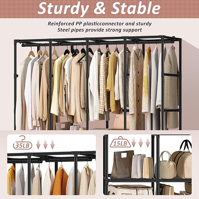 Wardrobe Closet, Quick and Easy Assembly, Black Large Capacity Portable Closet with 4 Hanging Rods 8 Storage Shelves and 8 Side Pockets, Clothes Rack with Cover, for Bedroom and Living Room