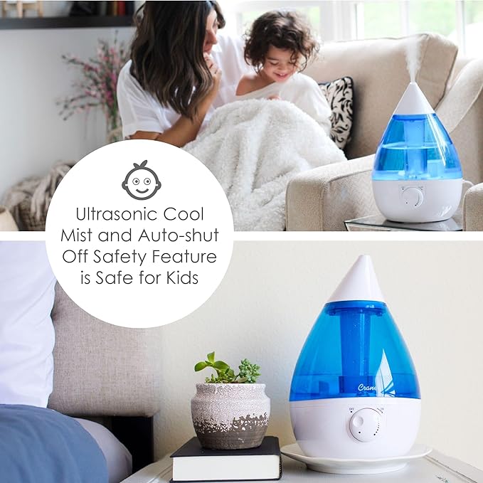 Crane Ultrasonic Cool Mist Teardrop Humidifier for Baby Nursery, Bedroom, Office, Large Room, Adjustable Humidity, Auto Shut-Off, Easy Clean Blue & White 1 Gallon